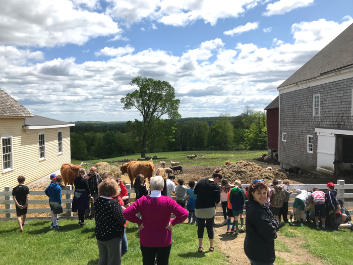School Group in front of Pasture meeting the animals with Brother Arnold, Sabbathday Lake Shaker Village, Maine School Group in front of Pasture meeting the animals with Brother Arnold, Sabbathday Lake Shaker Village, Maine
